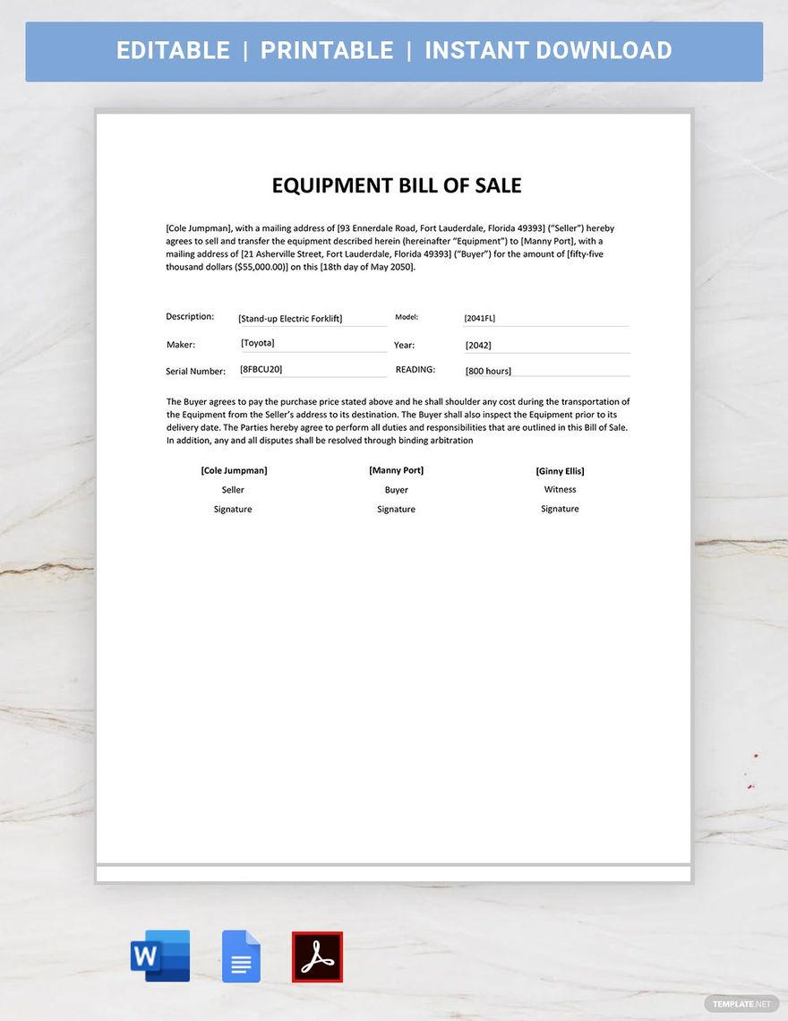 Equipment Bill of Sale Template