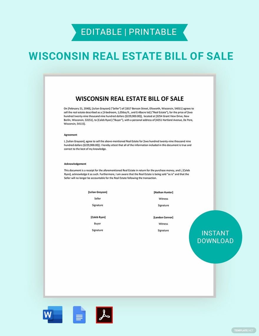 Wisconsin Real Estate Bill of Sale Template in Word, Google Docs, PDF