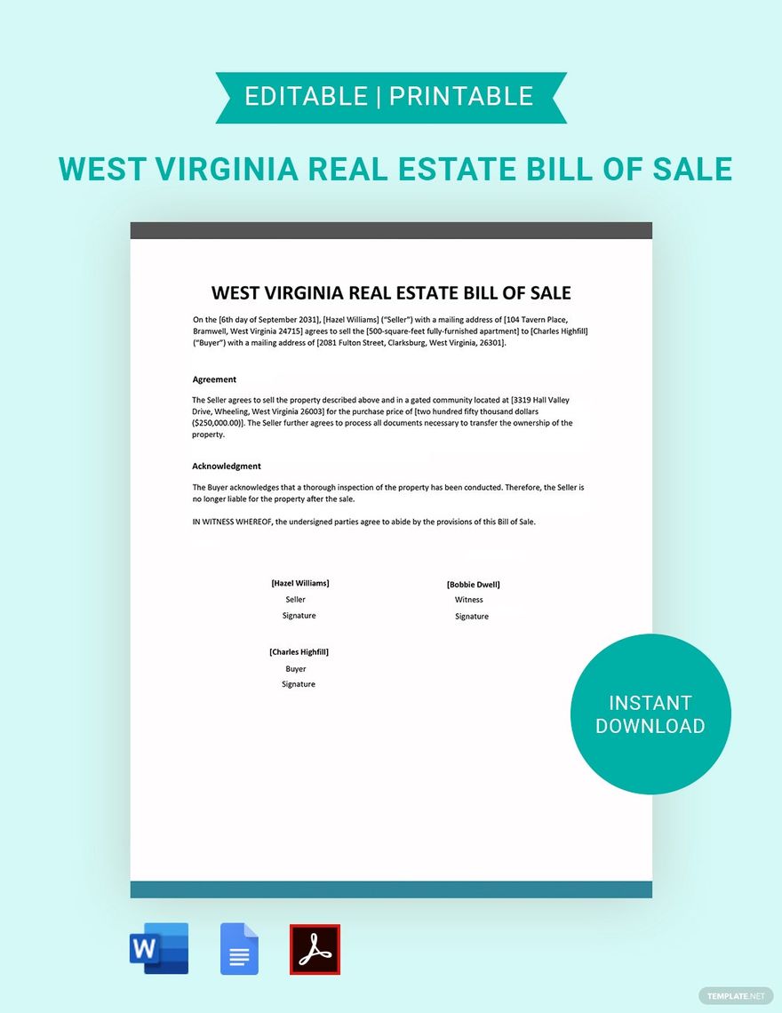 West Virginia Real Estate Bill Of Sale Template