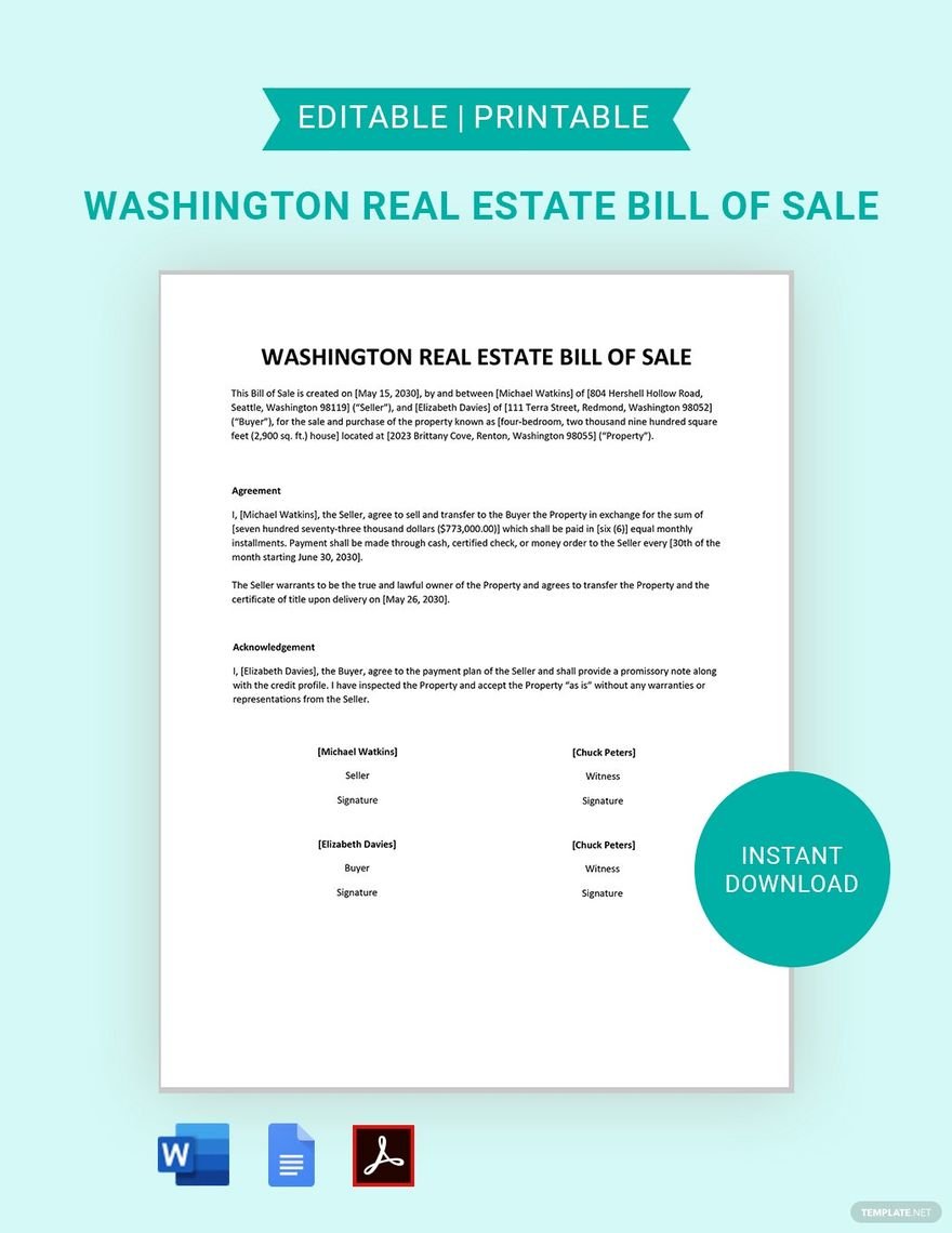 Washington Real Estate Bill of Sale Template in Word, Google Docs, PDF