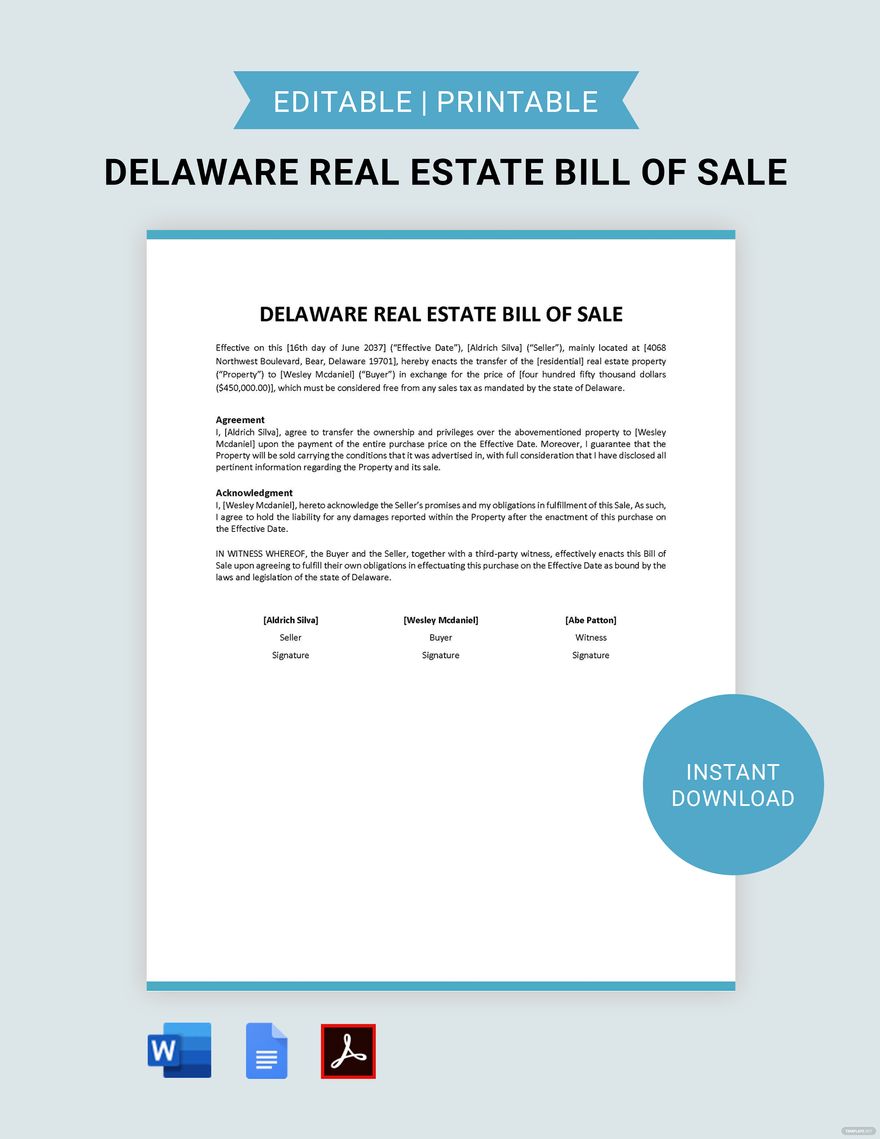 Delaware Real Estate Bill of Sale Template