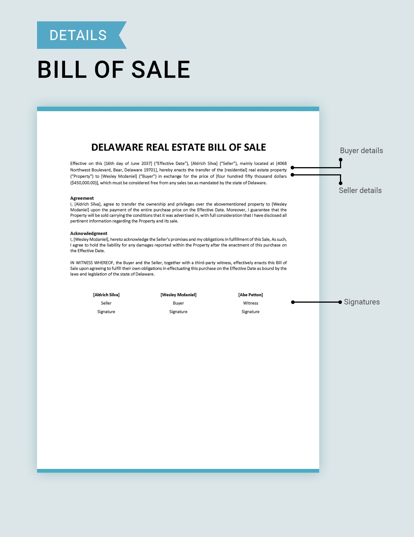 Delaware Real Estate Bill of Sale Template