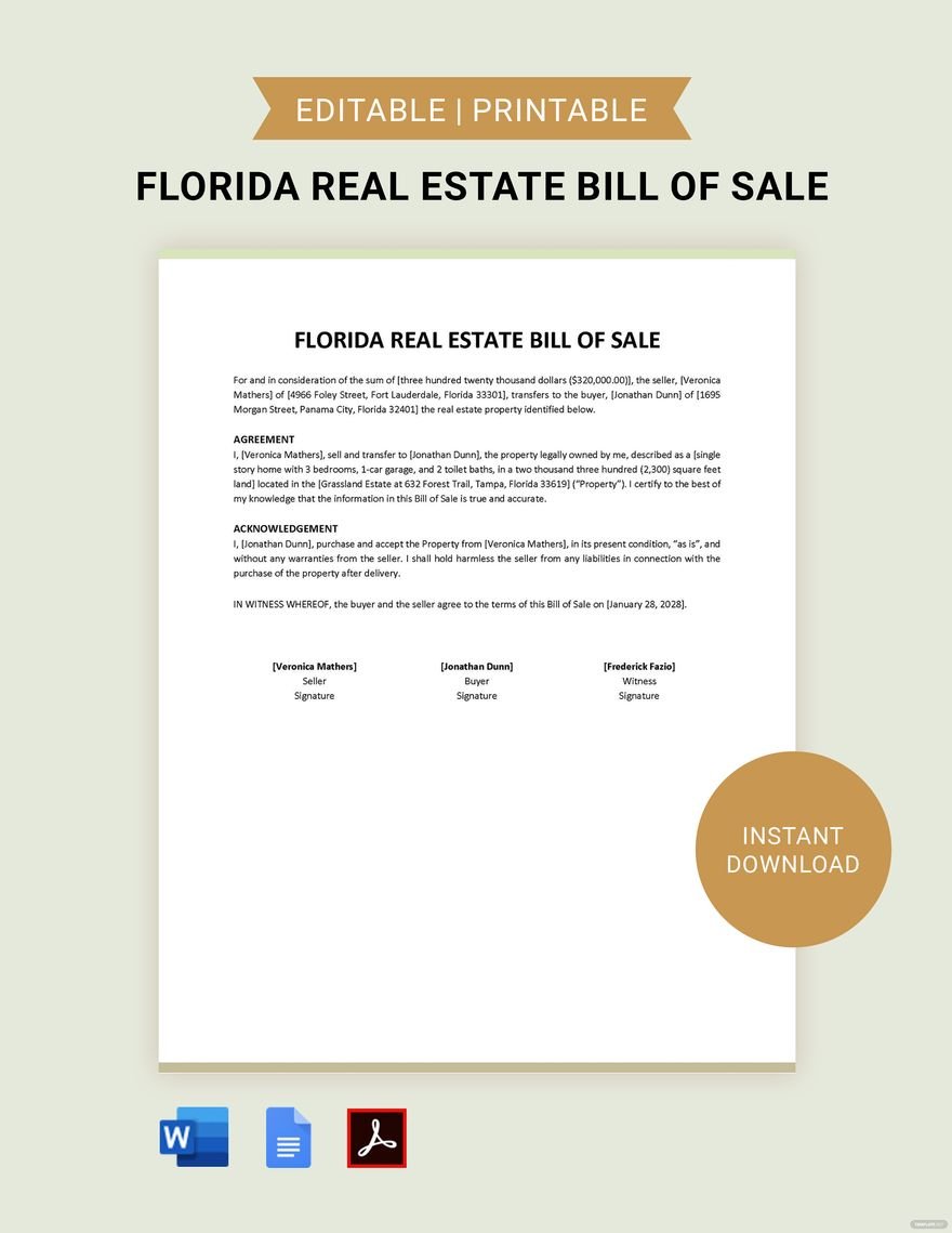 Florida Real Estate Bill of Sale Template in Word, Google Docs, PDF
