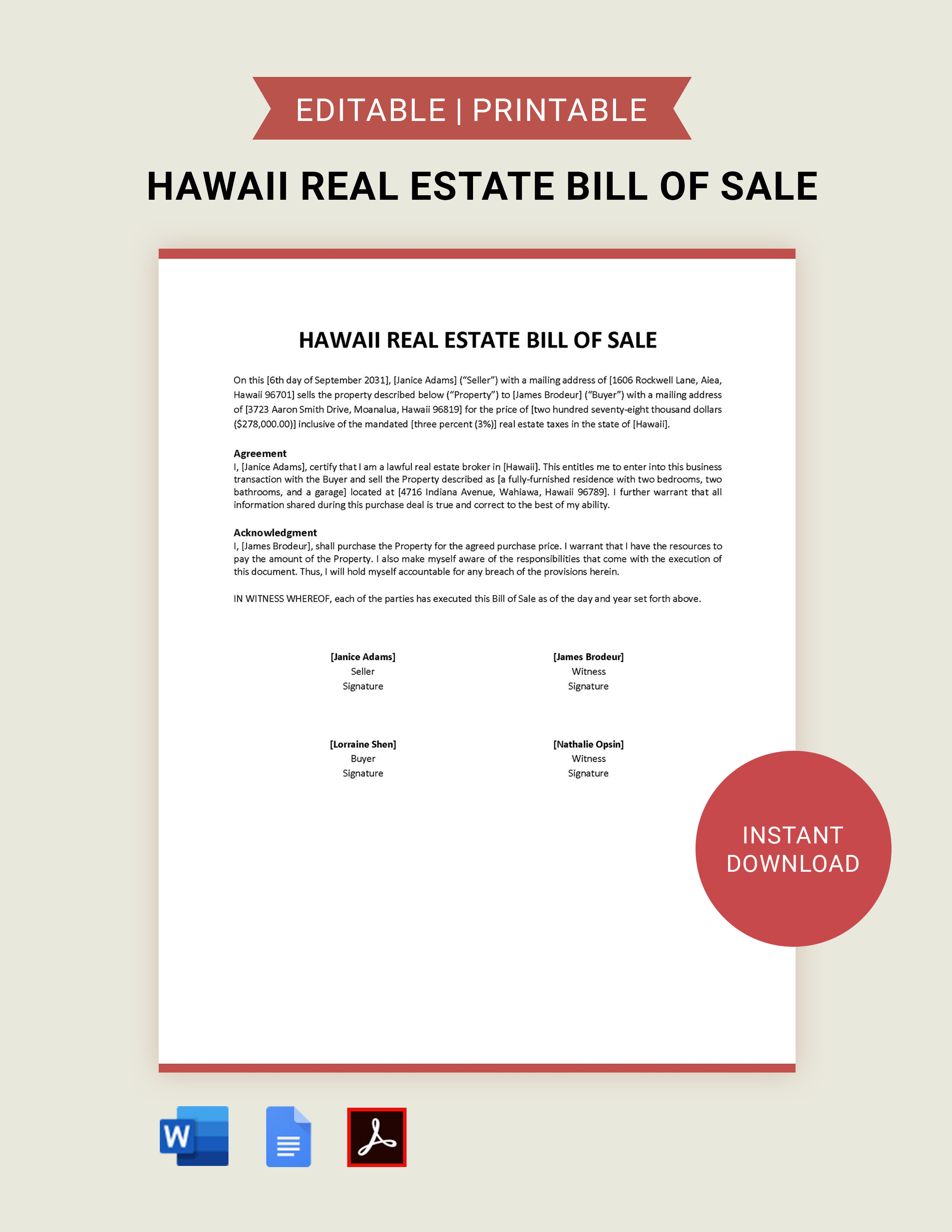 Hawaii Equipment Bill of Sale Template Google Docs Word PDF