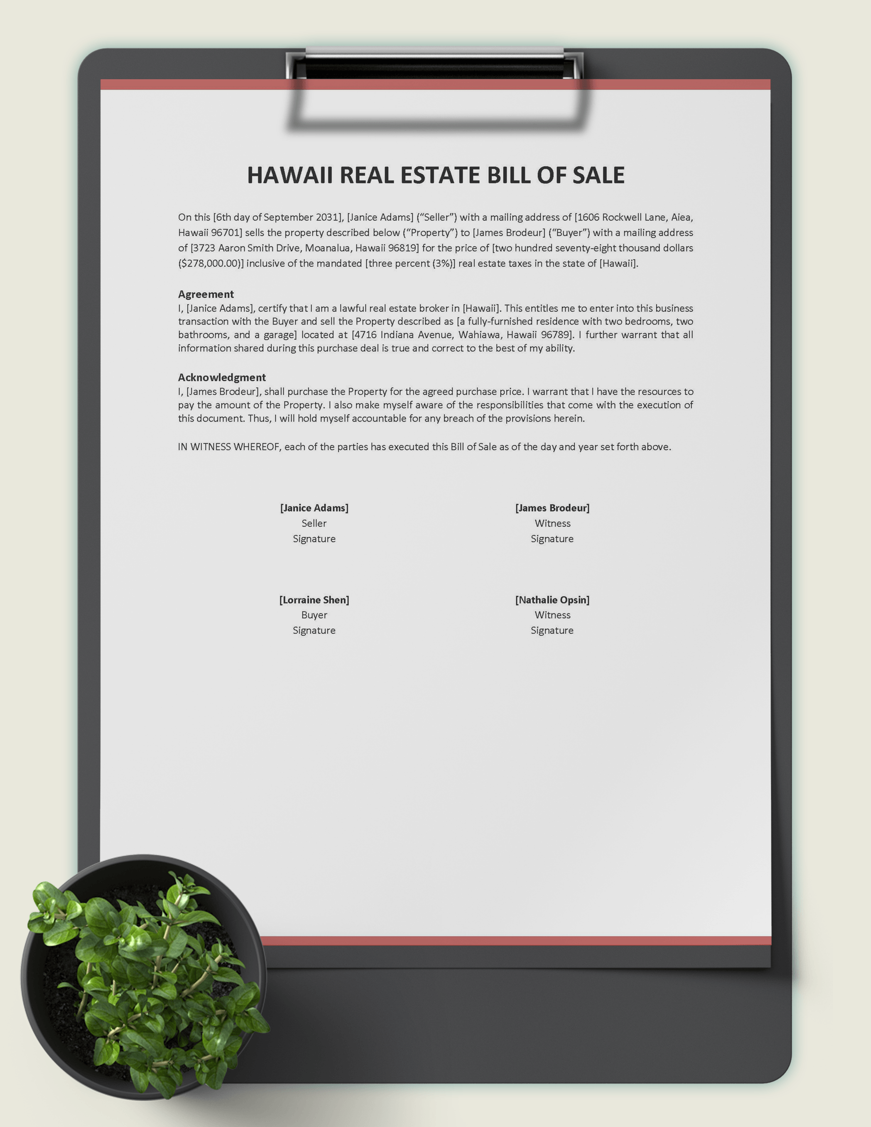 Hawaii Real Estate Bill of Sale Template