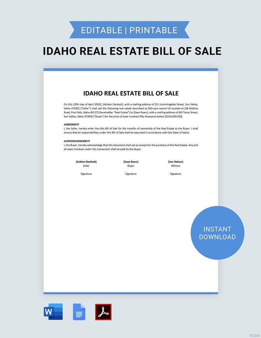 Idaho Real Estate Bill of Sale Template