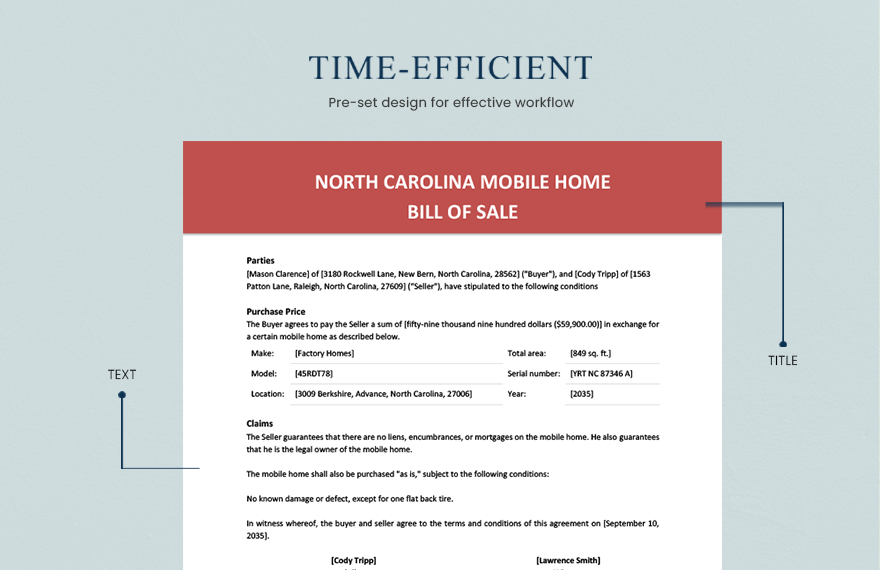 North Carolina Mobile Home Bill Of Sale Template