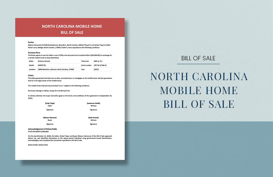 North Carolina Mobile Home Bill Of Sale Template