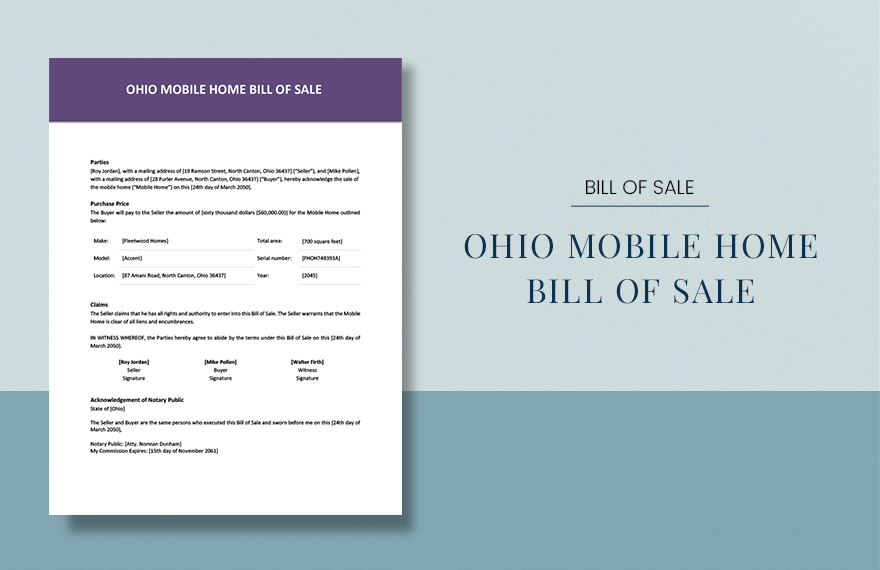 Ohio Mobile Home Bill Of Sale Form Template
