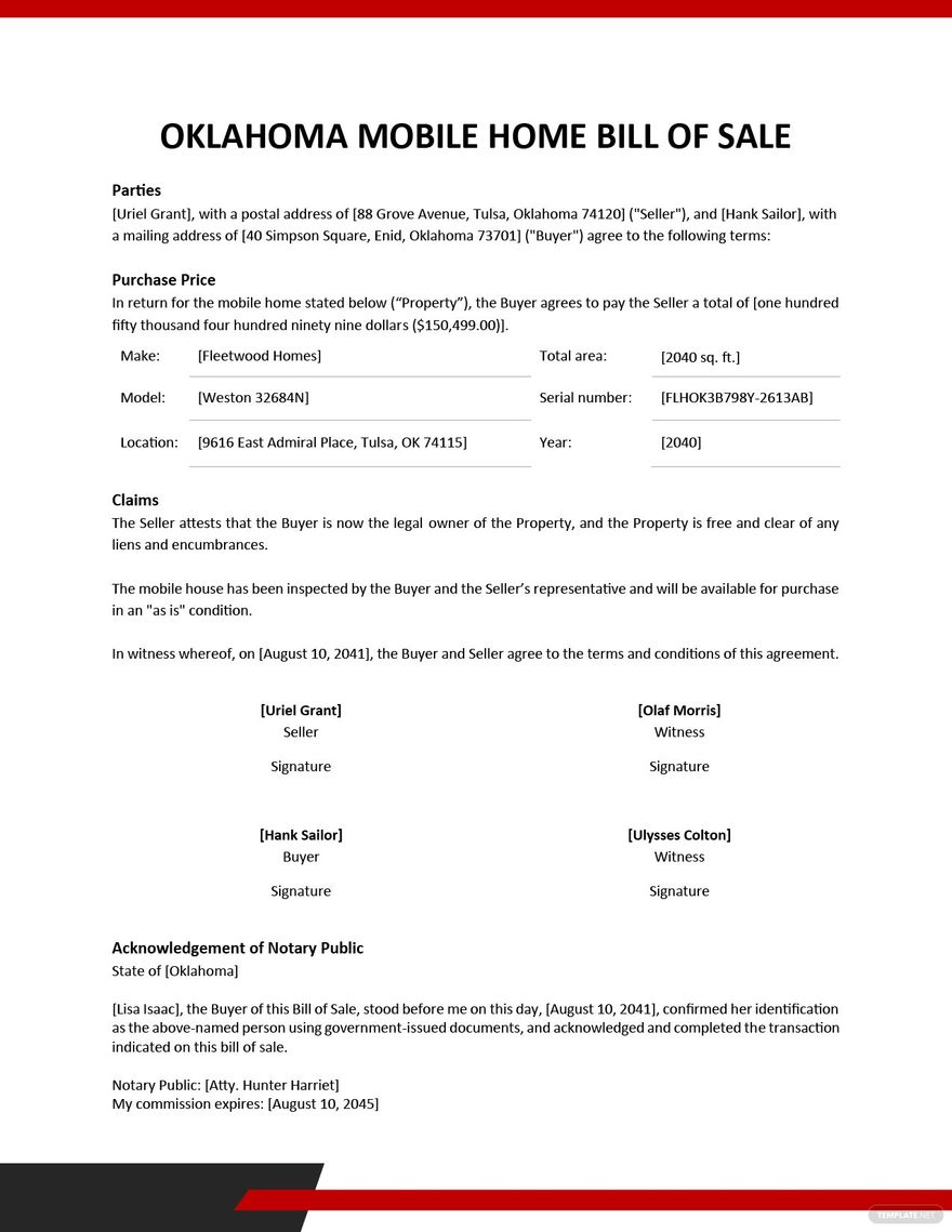 Oklahoma Mobile Home Bill Of Sale Template