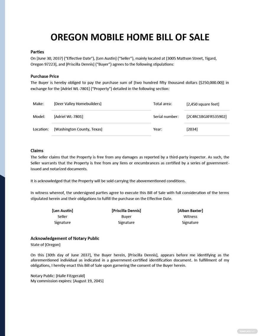 Oregon Mobile Home Bill Of Sale Template