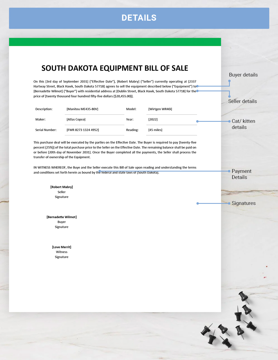 South Dakota Equipment Bill of Sale Template