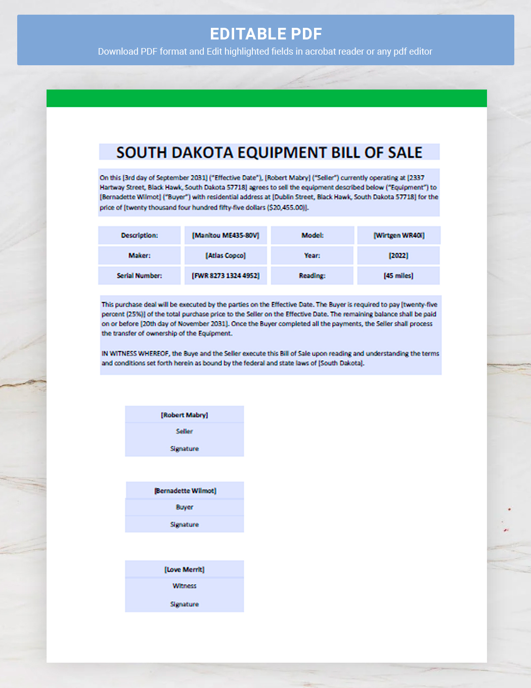 South Dakota Equipment Bill of Sale Template