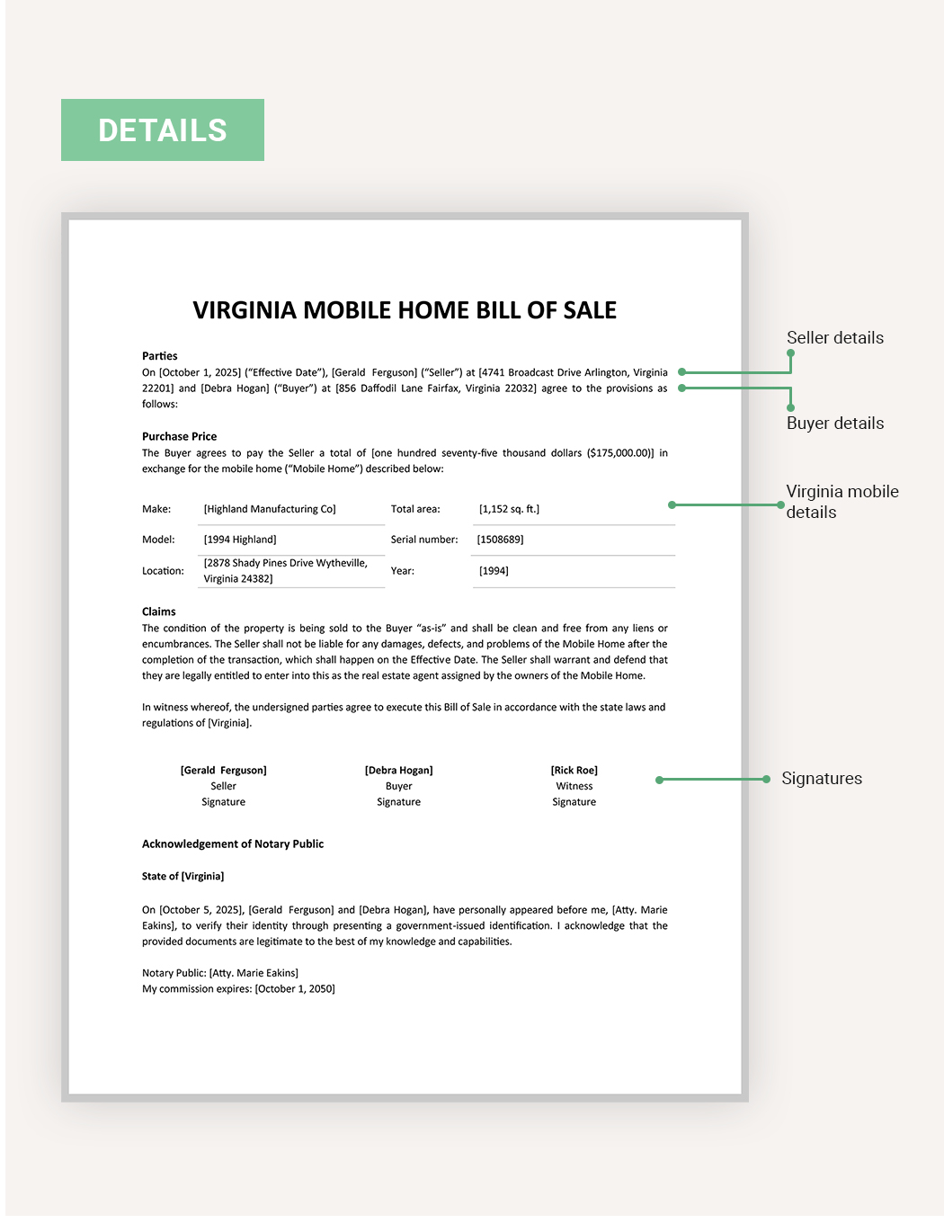 Virginia Mobile Home Bill Of Sale Template