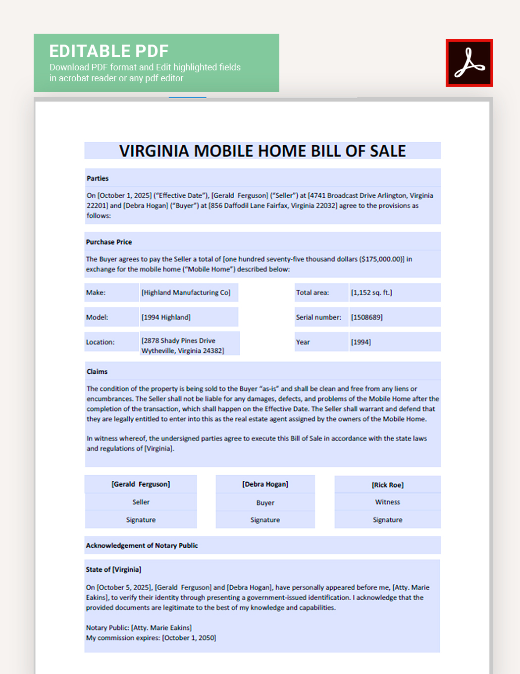 Virginia Mobile Home Bill Of Sale Template