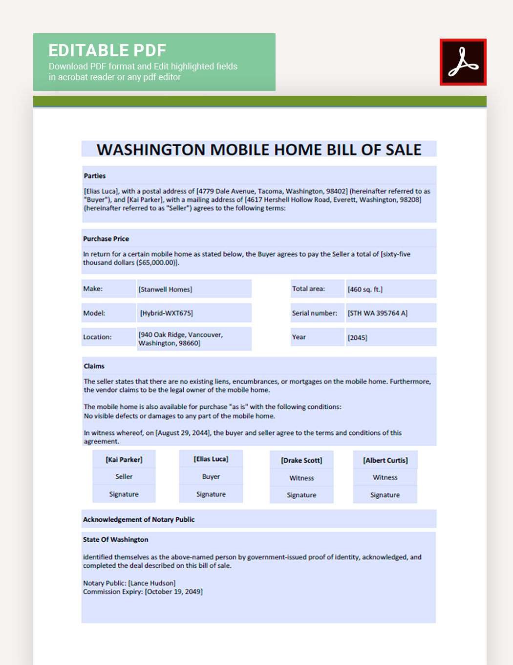 Washington Mobile Home Bill Of Sale Template