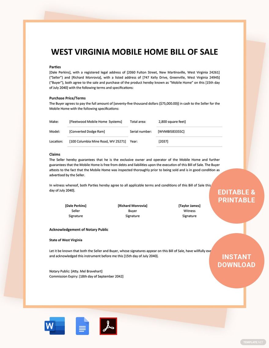 West Virginia Mobile Home Bill Of Sale Template