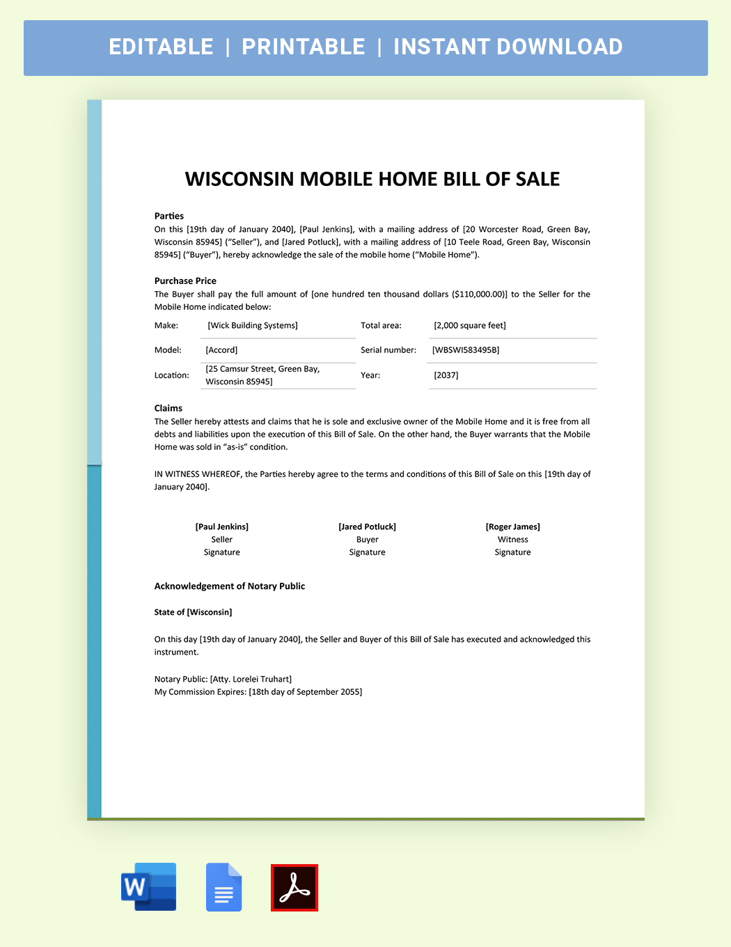 Kentucky Mobile Home Bill of Sale Template Google Docs Word PDF