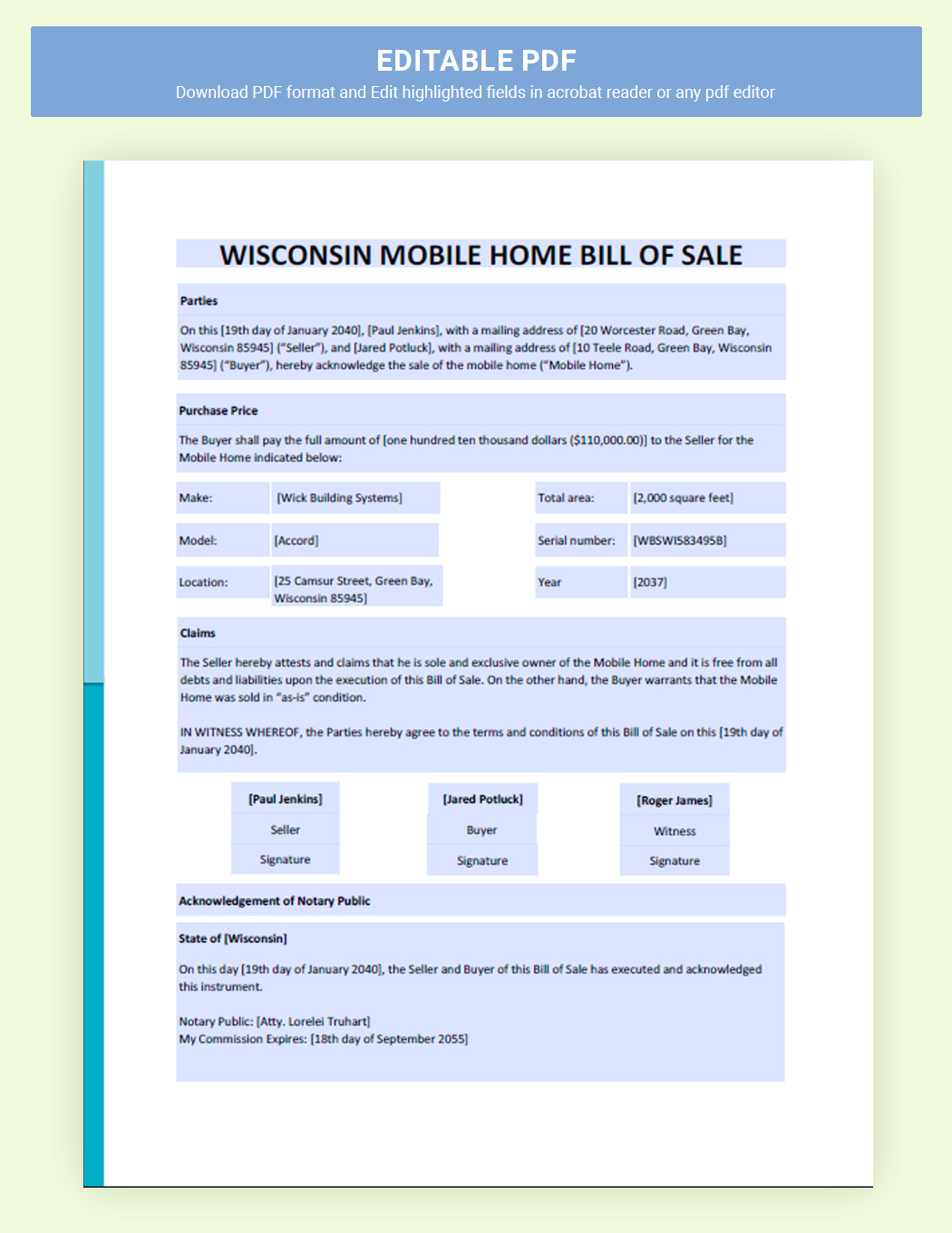 Wisconsin Mobile Home Bill Of Sale Template