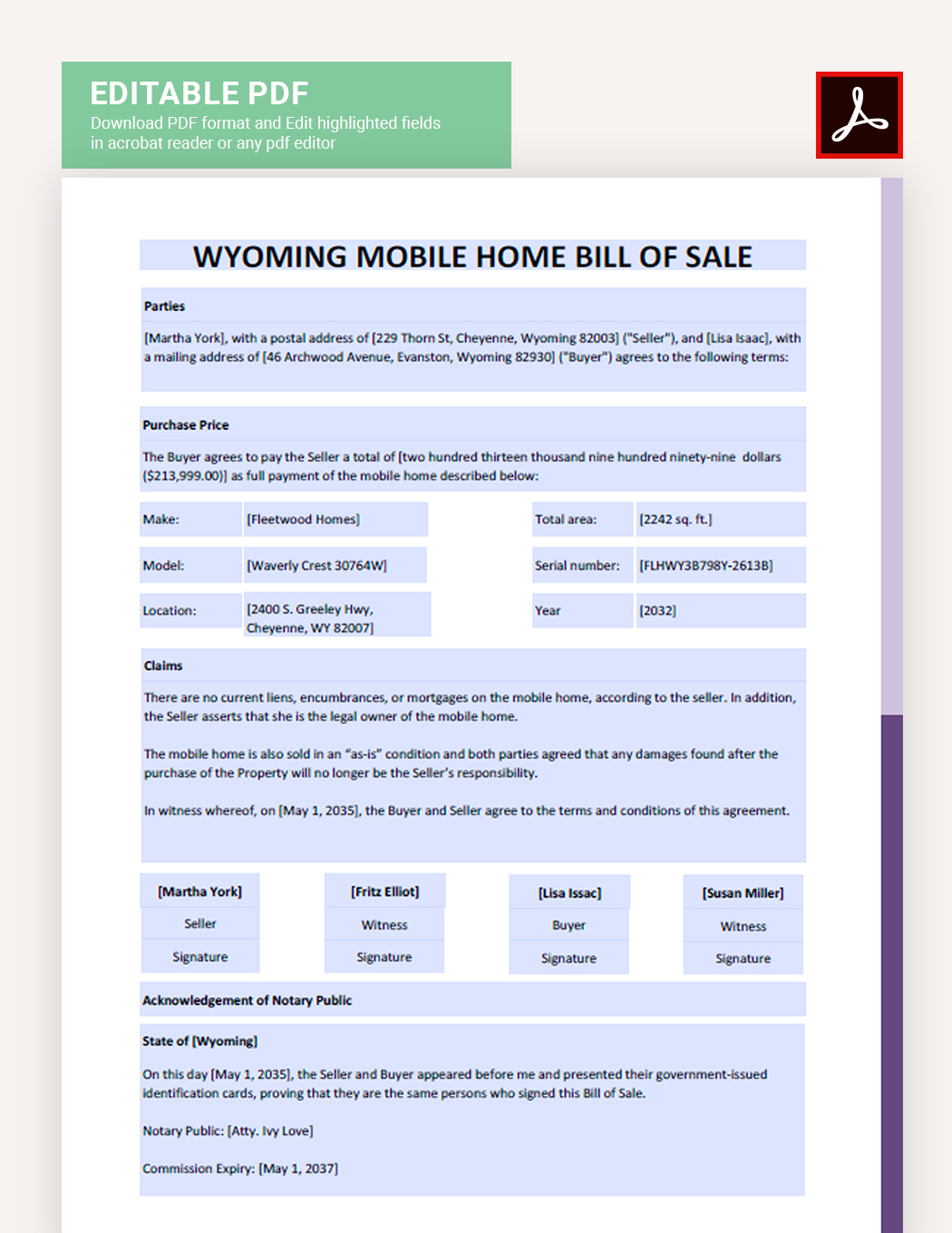 Wyoming Mobile Home Bill Of Sale Template
