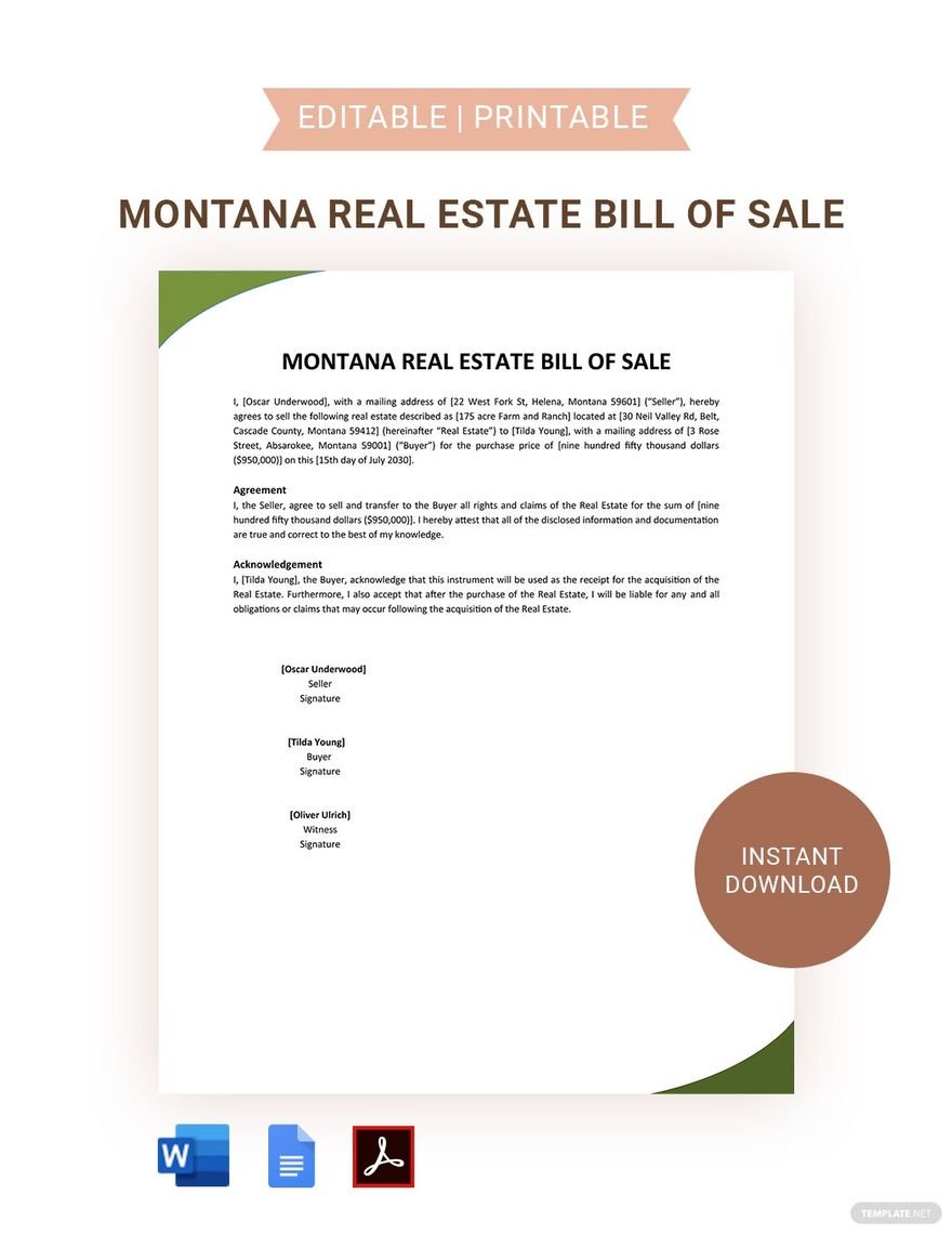 Montana Real Estate Bill Of Sale Template