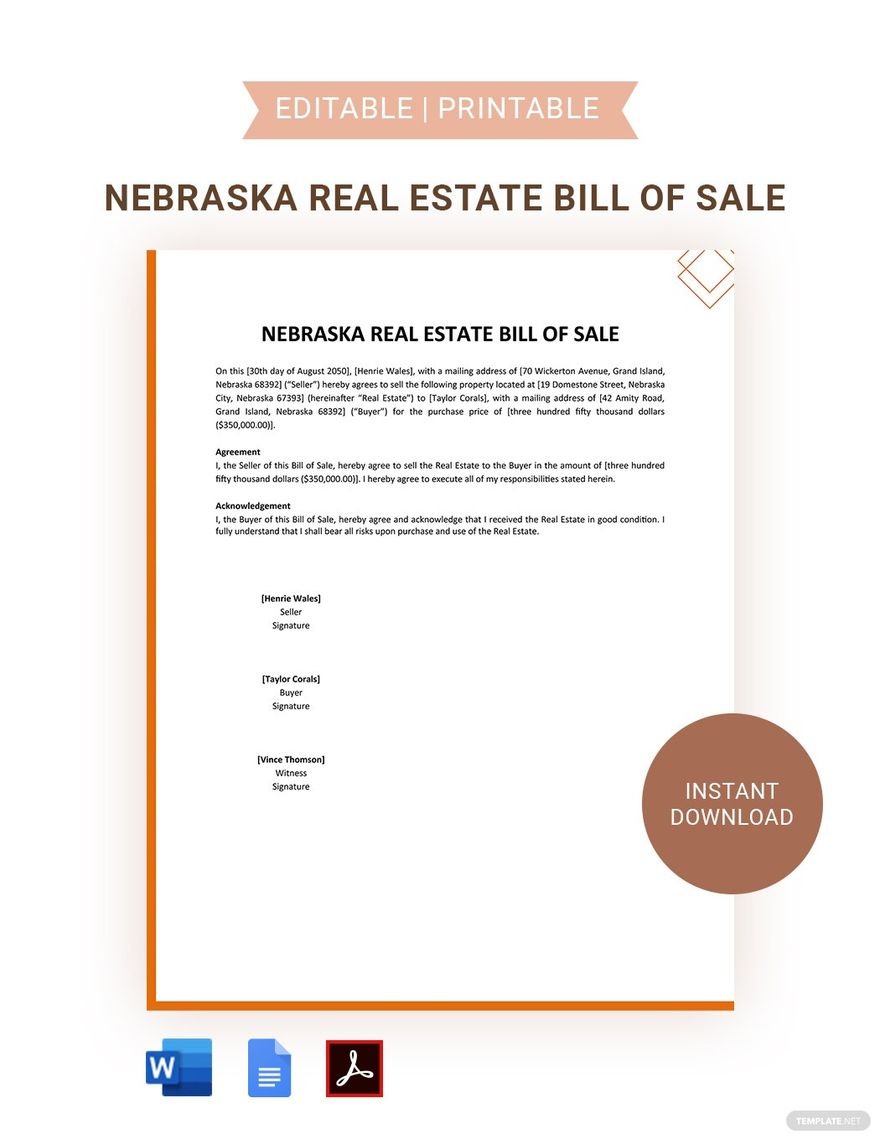 Streamline your real estate firm with our Nebraska Real Estate Bill of Sale Template. This printable format makes sure that the bill of sale contains all relevant details, ensuring a simple and straig