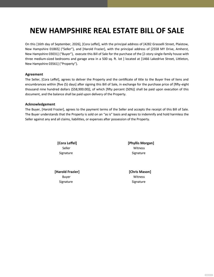 New Hampshire Real Estate Bill Of Sale Form Template