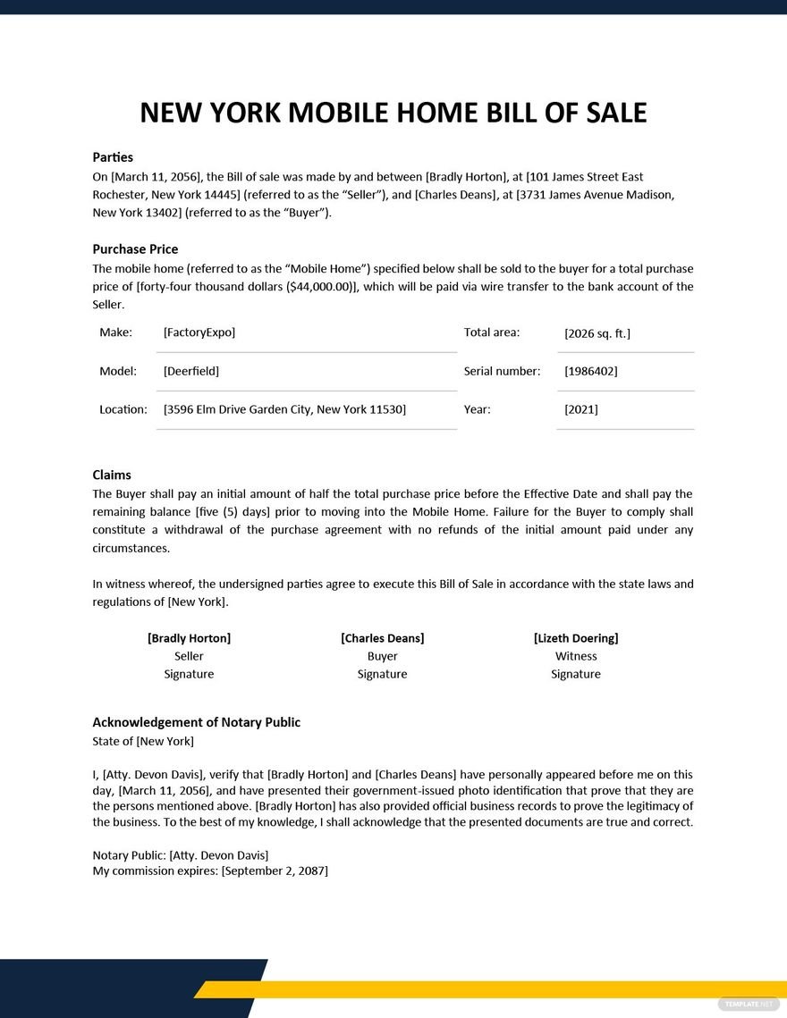 New York Mobile Home Bill Of Sale Template