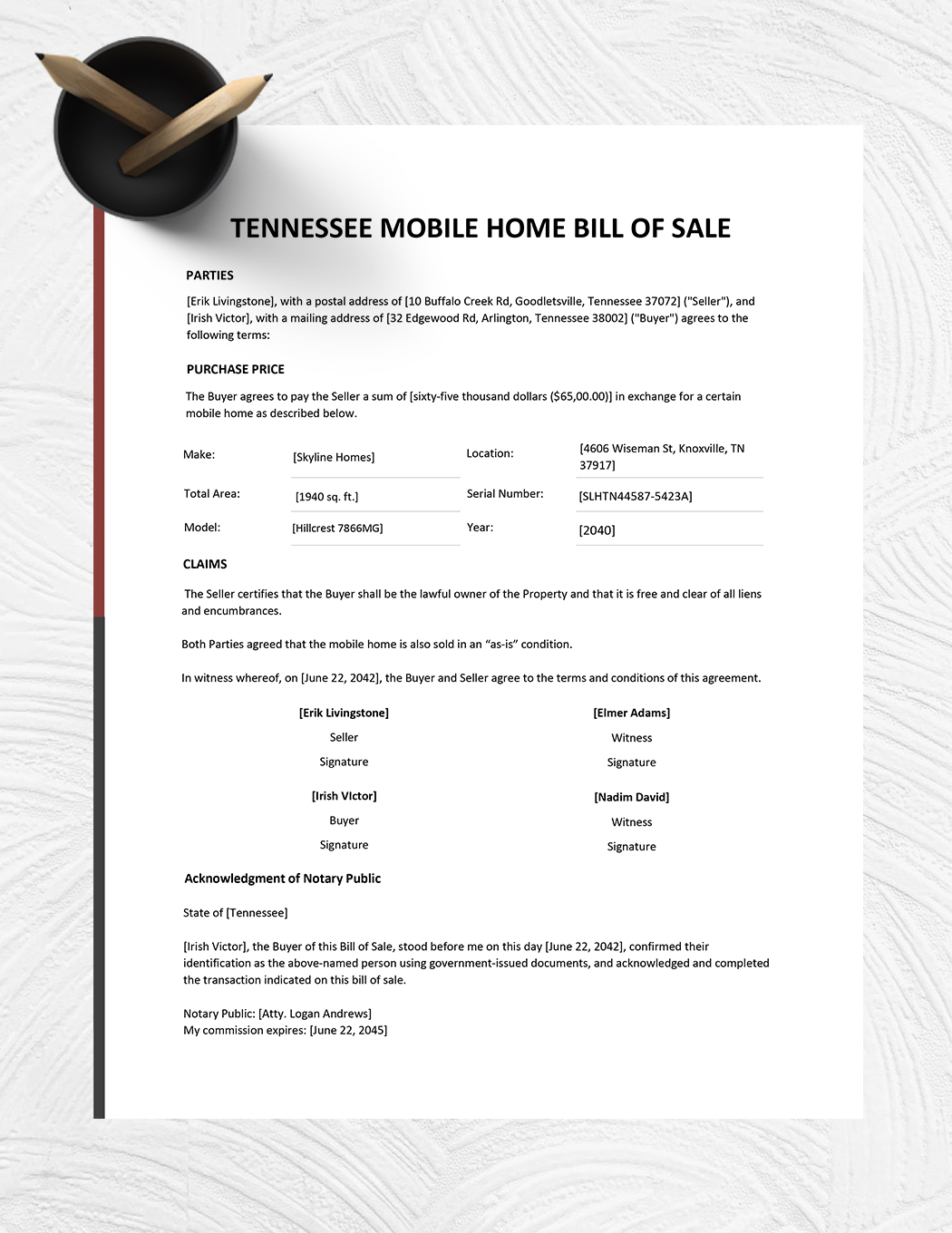 Tennessee Mobile Home Bill of Sale Template