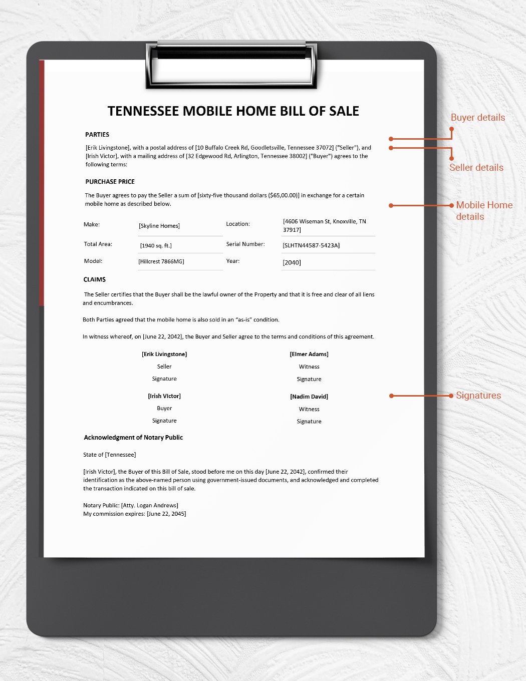 Tennessee Mobile Home Bill of Sale Template