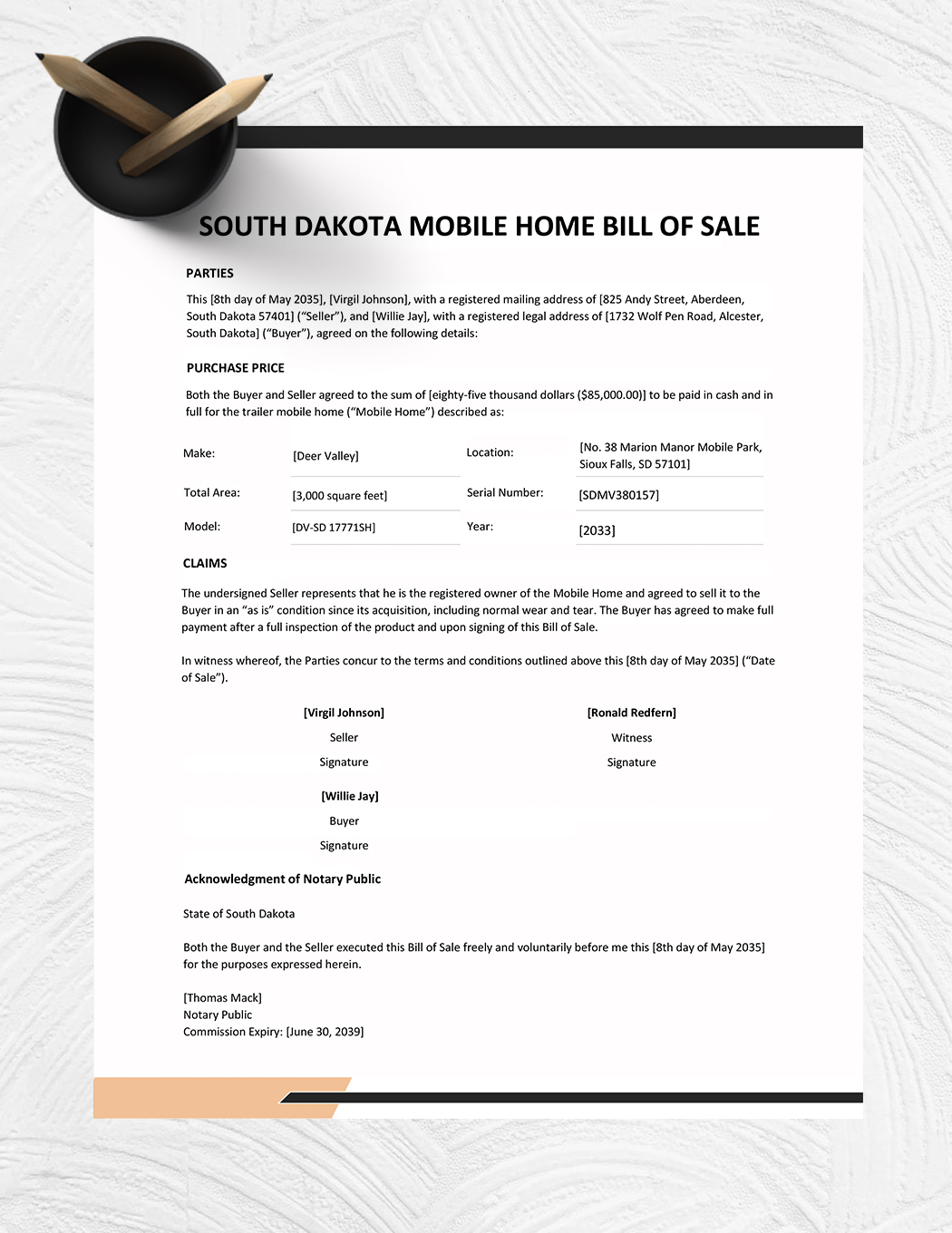 South Dakota Mobile Home Bill of Sale Template