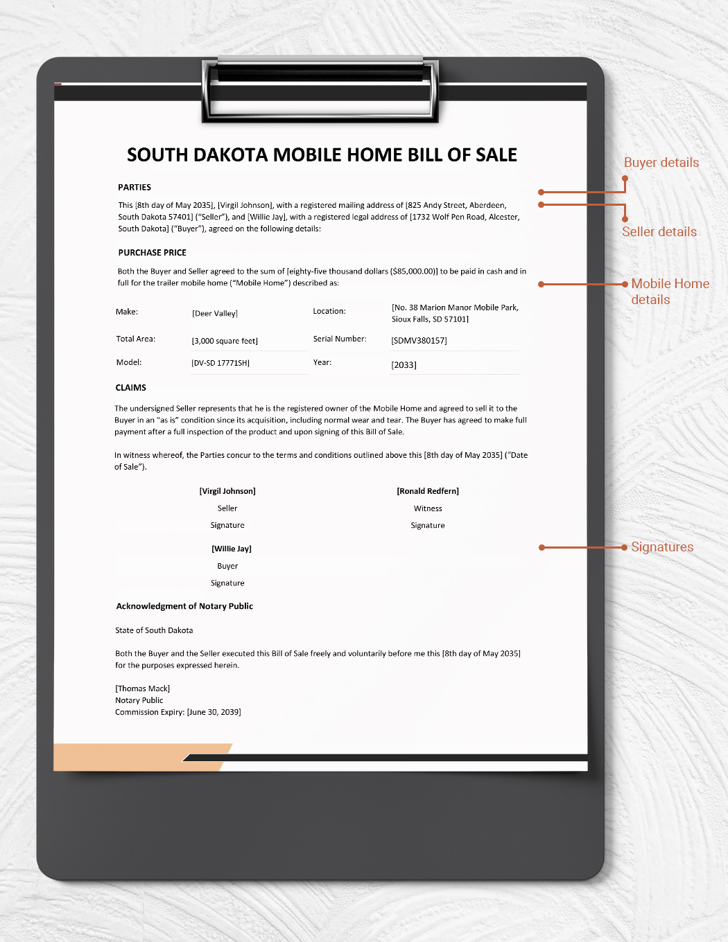 South Dakota Mobile Home Bill of Sale Template