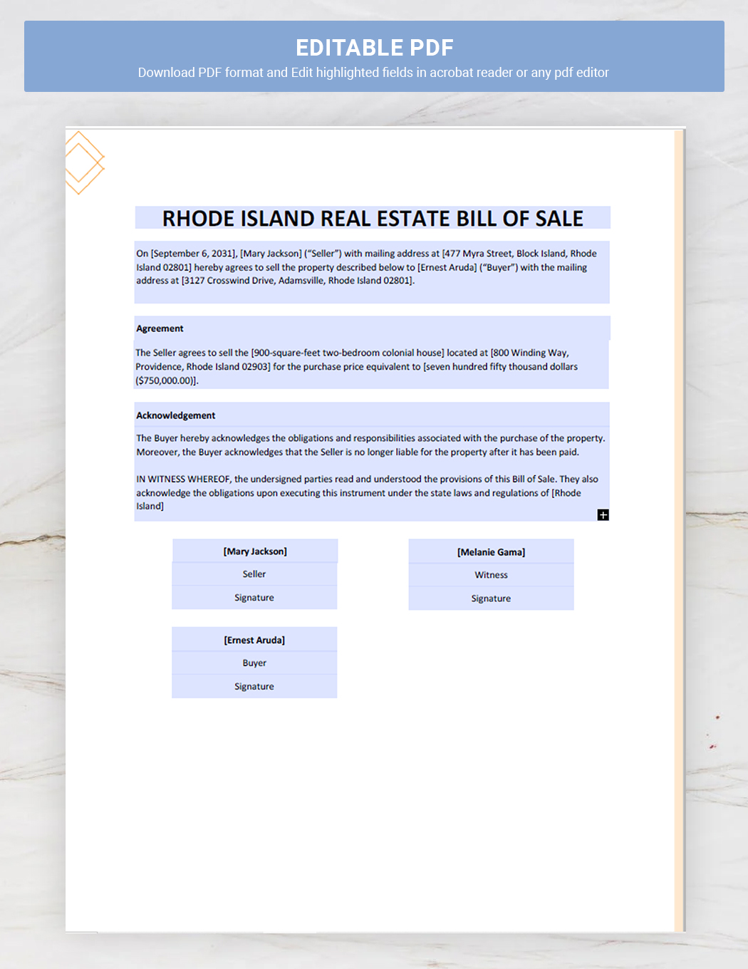 Rhode Island Real Estate Bill Of Sale Form Template
