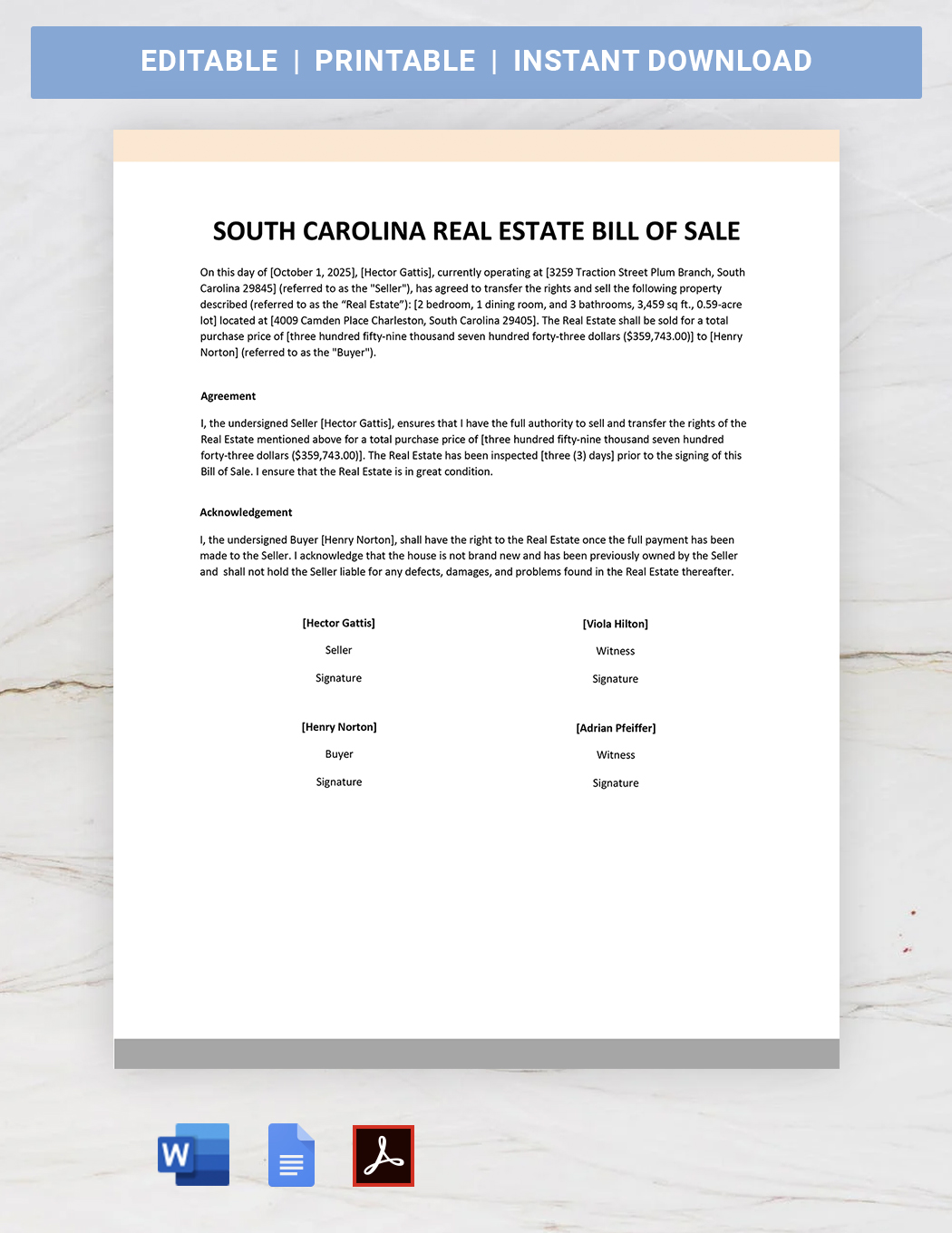 South Carolina real estate bill of sale template