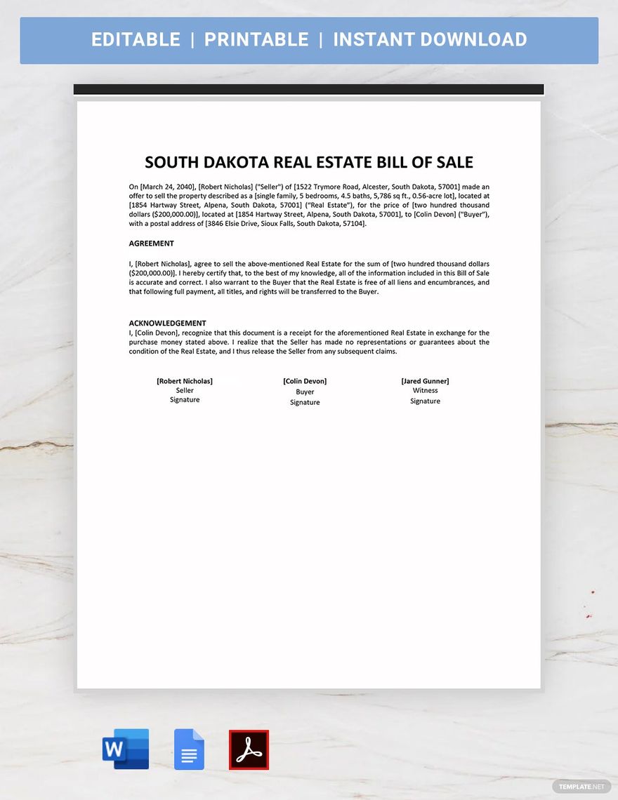 South Dakota Real Estate Bill of Sale Template in Word, Google Docs, PDF