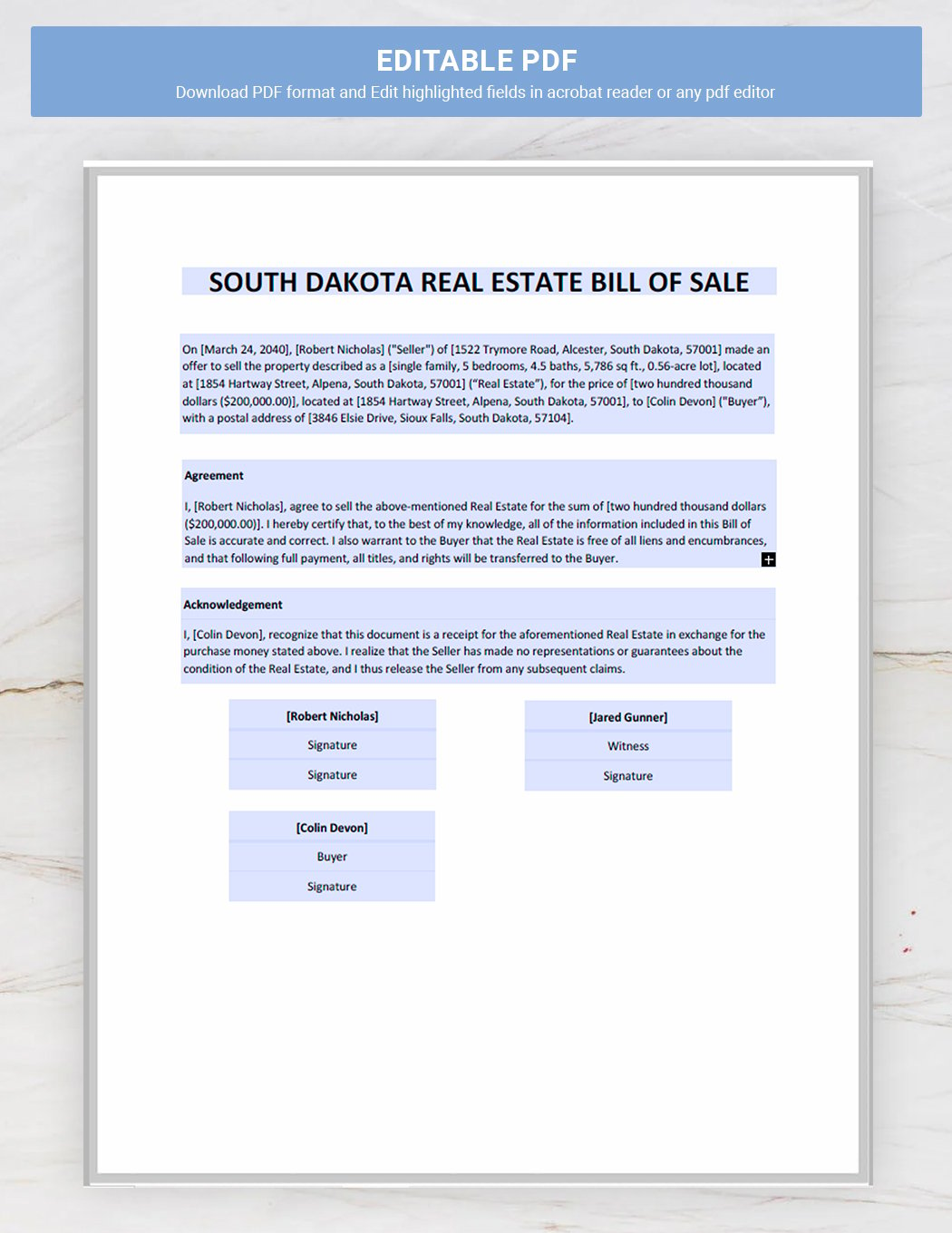South Dakota Real Estate Bill of Sale Template in Word PDF Google