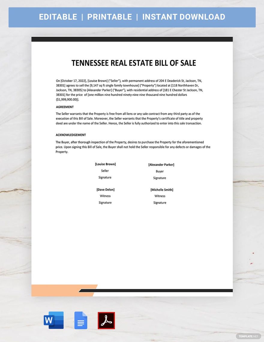 Tennessee Real Estate Bill of Sale Template