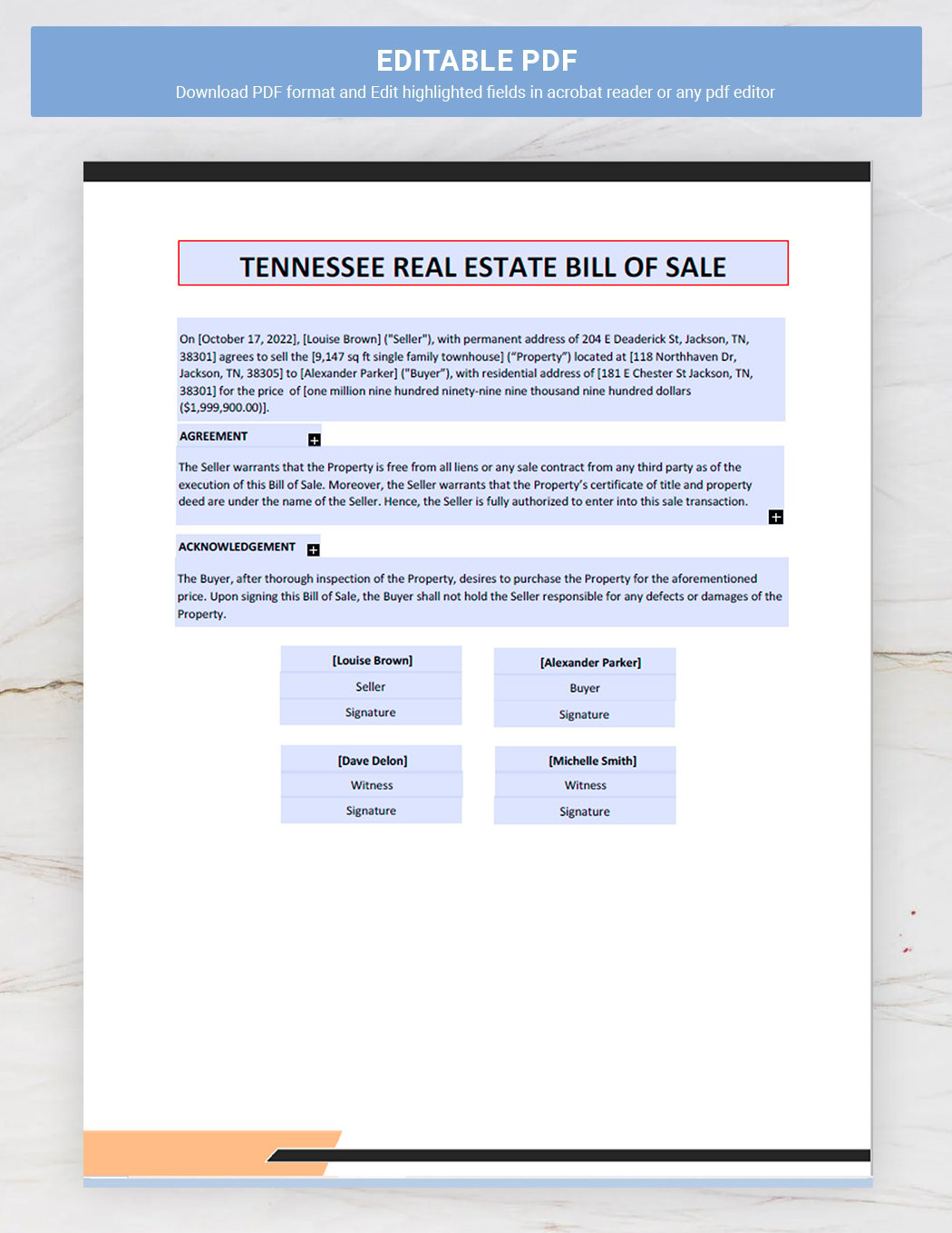 Tennessee Real Estate Bill of Sale Template