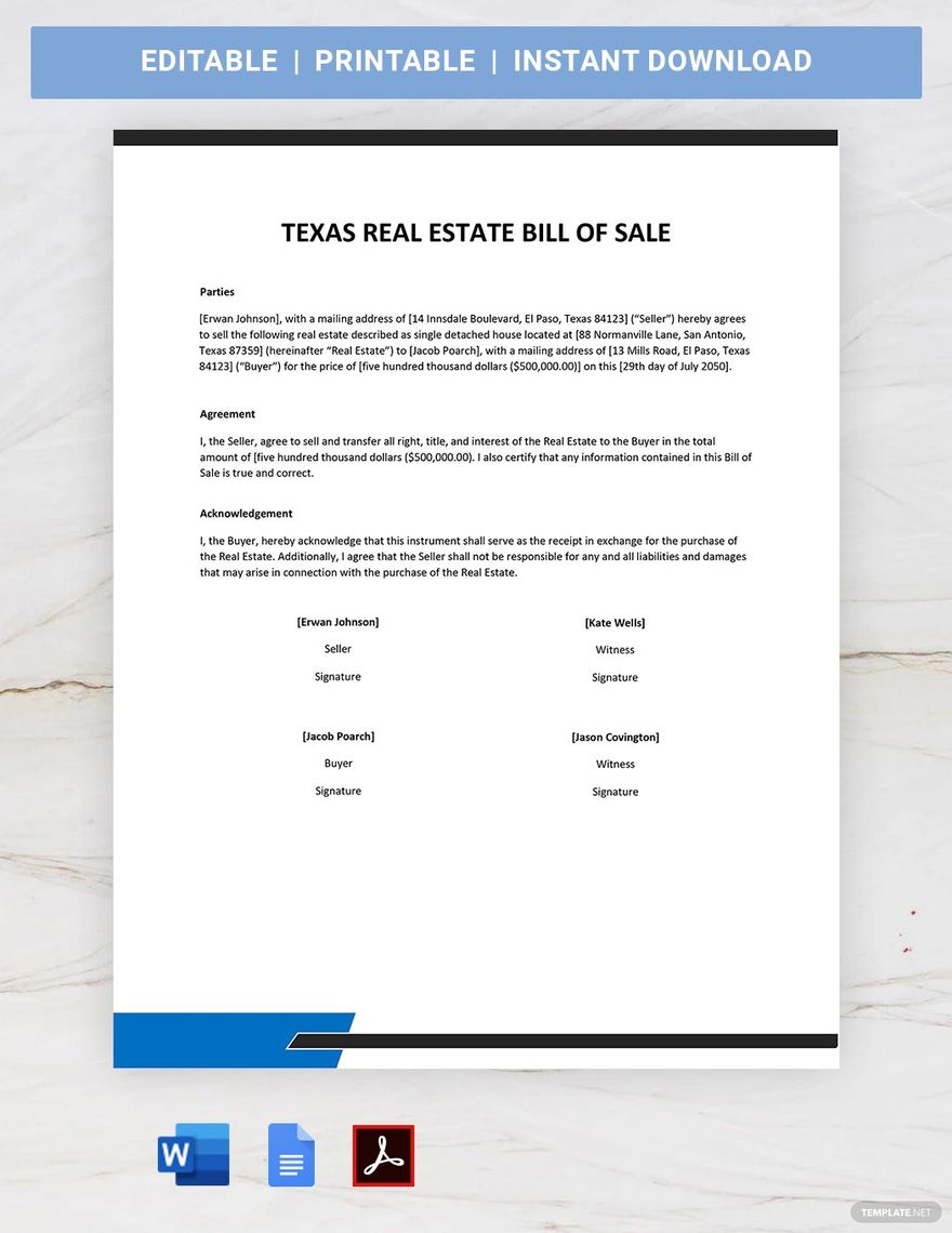Texas Real Estate Bill of Sale Template