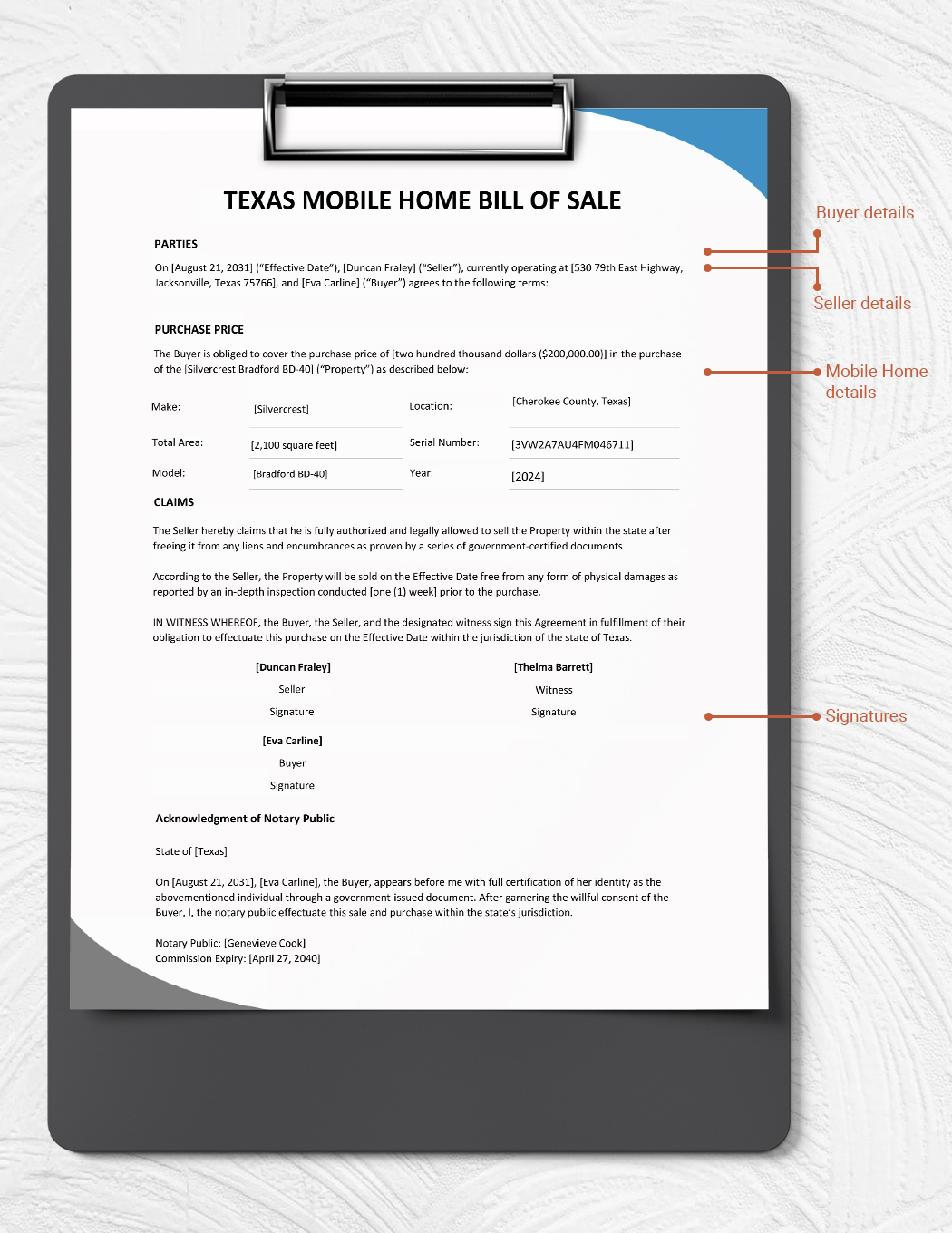 Texas Mobile Home Bill of Sale Template