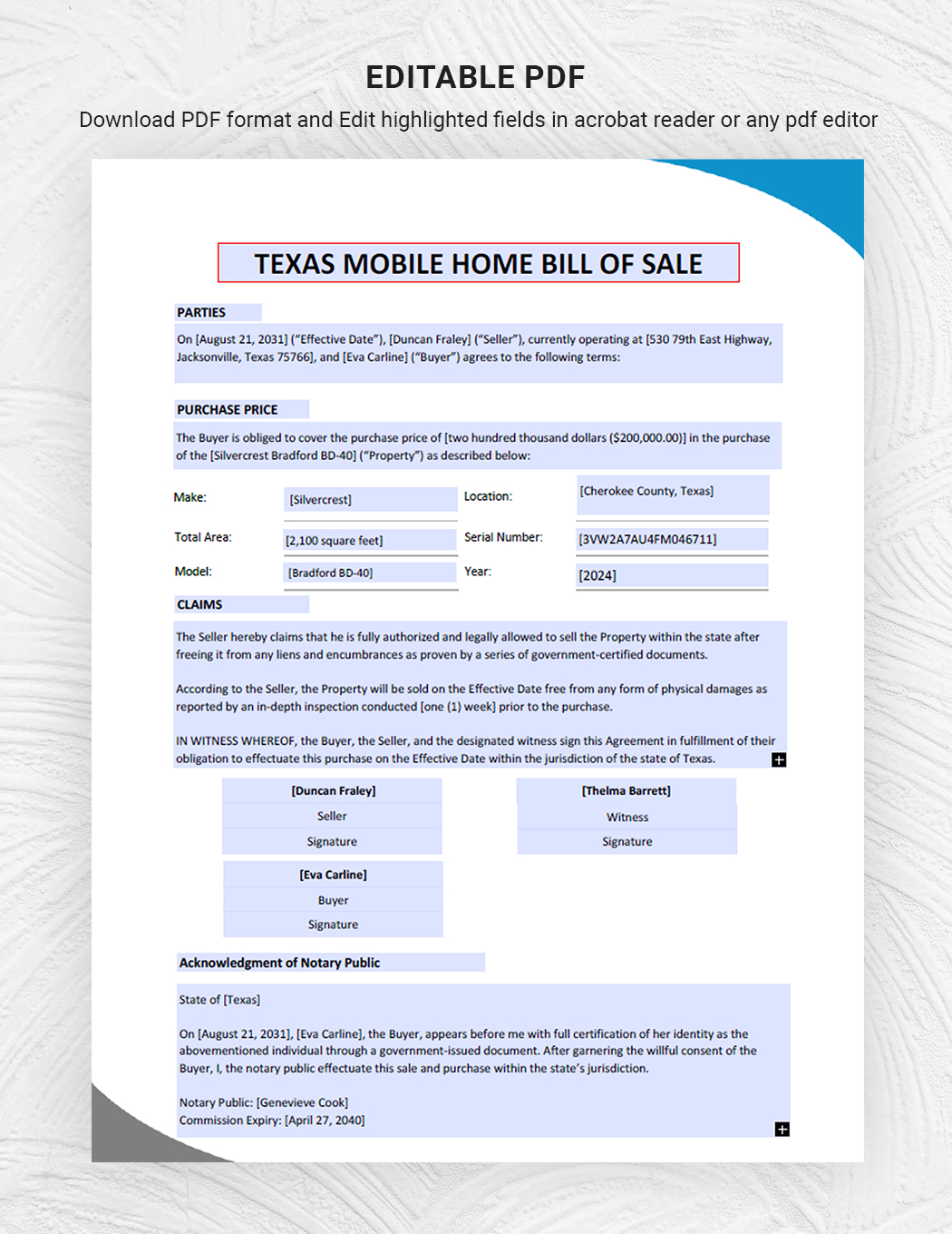 Texas Mobile Home Bill of Sale Template