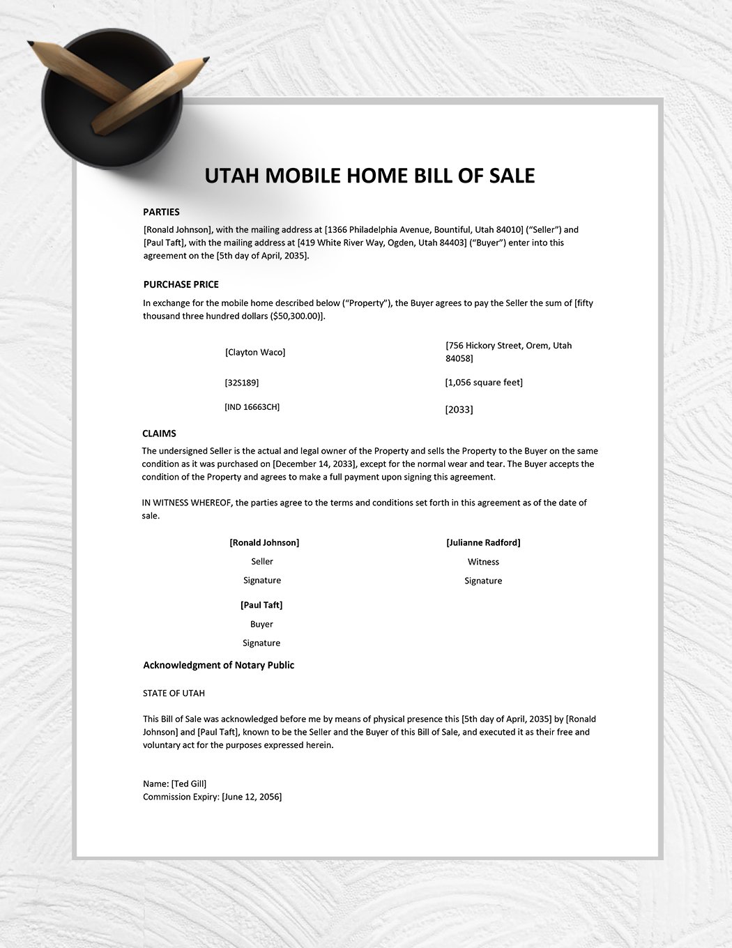 Utah Mobile Home Bill of Sale Template