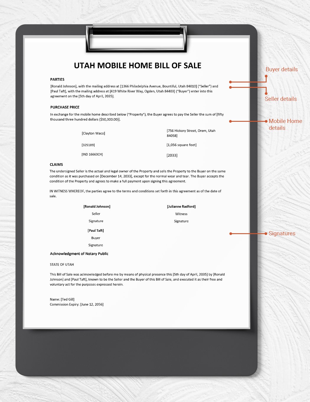 Utah Mobile Home Bill of Sale Template