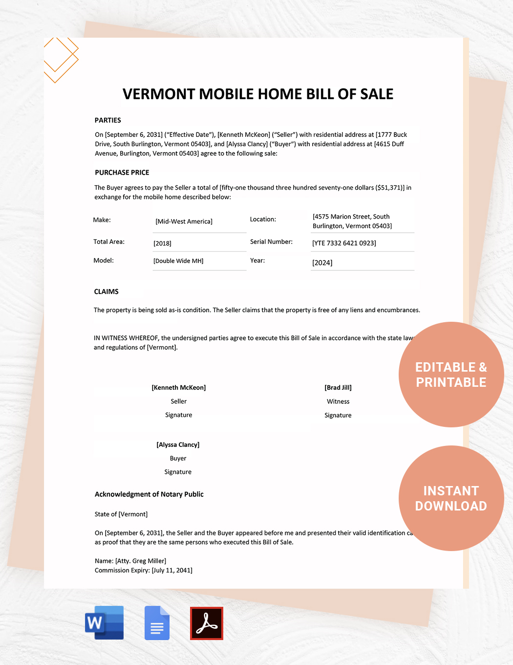 Vermont Mobile Home Bill Of Sale Template