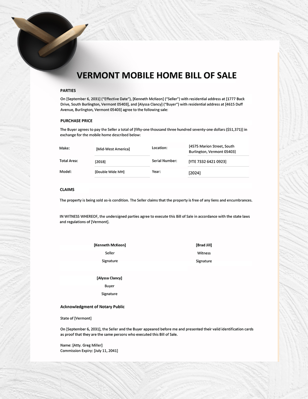 Vermont Mobile Home Bill Of Sale Form Template