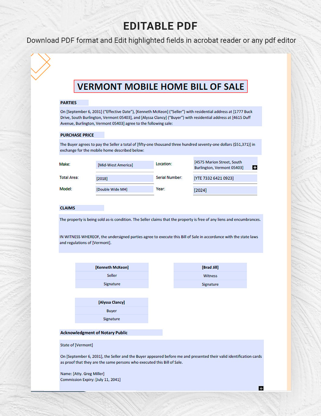 Vermont Mobile Home Bill Of Sale Form Template