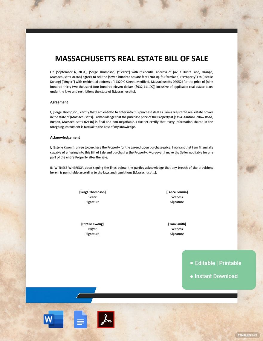 Massachusetts Real Estate Bill of Sale Template in Word, Google Docs, PDF