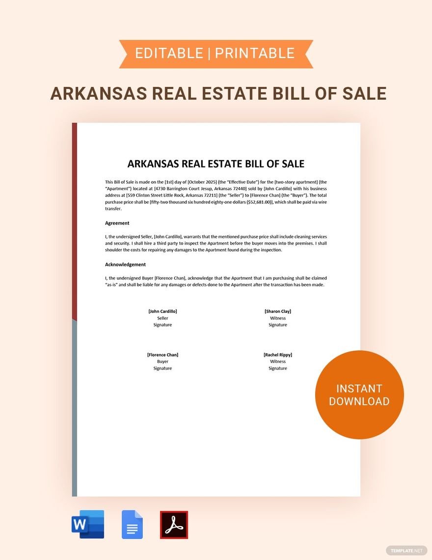 Arkansas Real Estate Bill of Sale Template