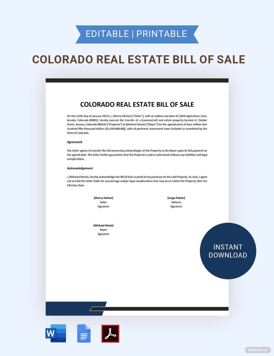 Colorado Real Estate Bill of Sale Template in Word, Google Docs, PDF