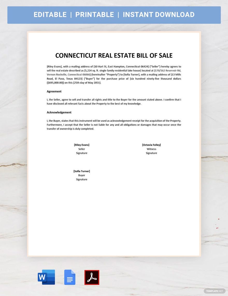 Connecticut Real Estate Bill of Sale Template Download in Word
